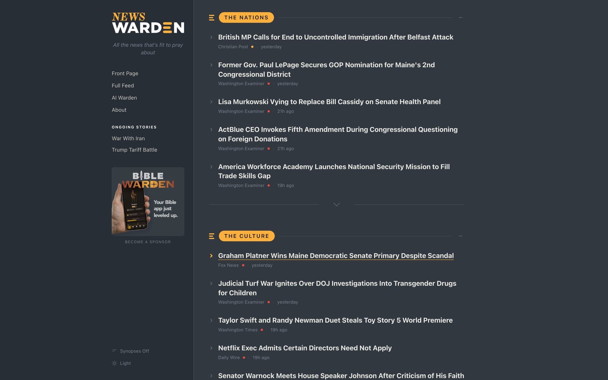 News Warden — AI-curated news reader, live front page